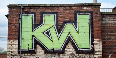 Fototapeta premium Graffiti of large K and W letters painted in vibrant colors on a brick wall , graffiti, street art, urban, spray paint