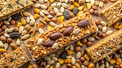 Naklejka premium Almond cereal bar surrounded by corn flakes, almonds, sunflower seeds, chocolate chips, and pumpkin seeds, healthy, snack