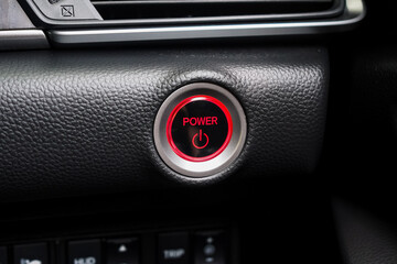 Close up engine car start button. Start stop engine modern new car button,Makes it easy to turn your auto mobile on and off. a key fob unique ,selective focus