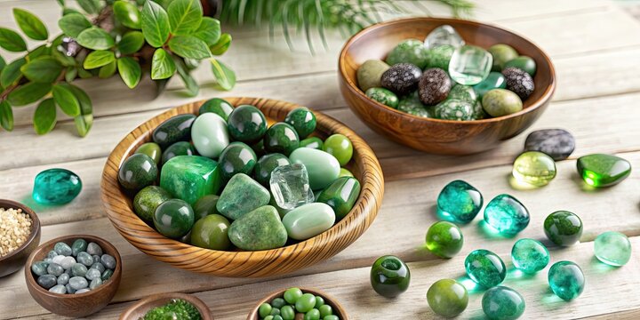 Holistic healing crystals on table with verdite and green gemstones, holistic, healing, crystals, table, verdite, green