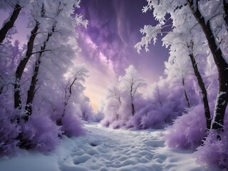 Mesmerizing blend of purple and white in this forest, with a peaceful stream and dramatic lightning