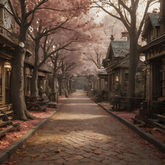 Obraz premium a street with a lot of trees and benches