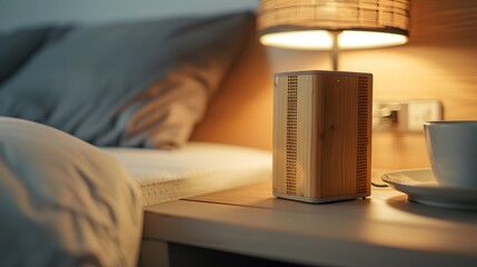 Bluetooth Speaker: A compact Bluetooth speaker with no label on a bedside table.

