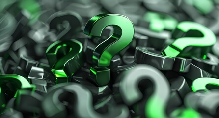 3D green question mark in the center of an endless pile of gray question.