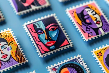Colorful digital artwork with vibrant and diverse faces on stamps dynamic and imaginative design modern and striking visual impact playful and lively atmosphere