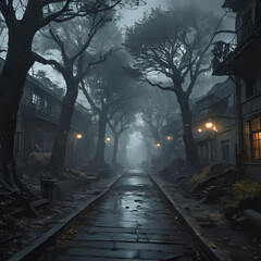 Naklejka premium a dark street with a lot of trees and lights