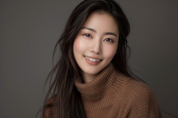 Fototapeta premium Portrait of beautiful smiling asian woman wearing brown sweater.