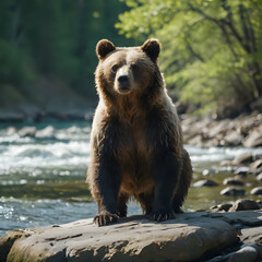 Obraz premium a brown bear standing on a rock in the water