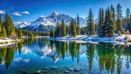 Snowy mountain landscape with pine trees, a calm lake, and a clear blue sky, snow, mountain, landscape, winter, pine trees, lake