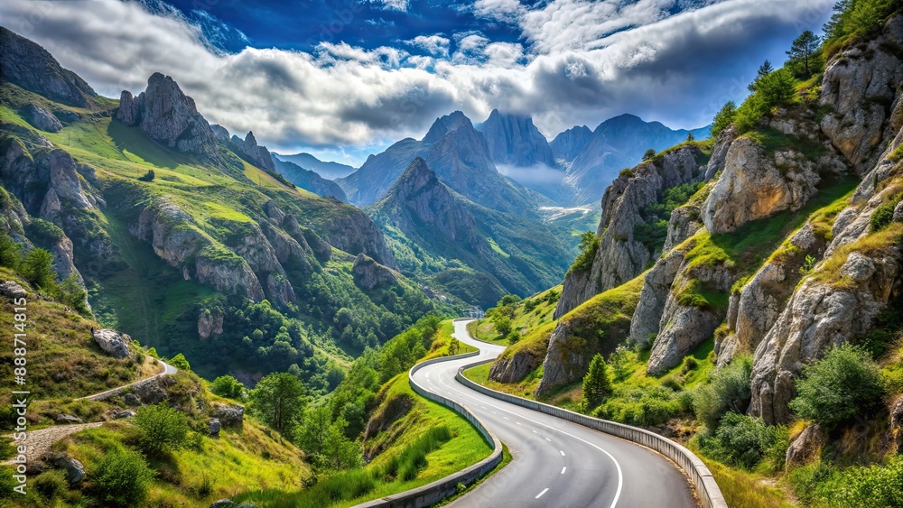 Sticker Mountain road winding through the Picos de Europa mountains in Asturias, Spain , Poncebos, Cabrales, scenery, landscape, nature