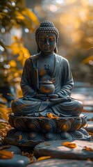 Fototapeta premium Close-Up of Buddha Statue with Candlelight and Flower Petals, Golden Sunlight, Vesak, Lent Concept