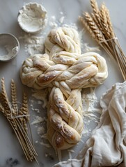 A christian cross shaped loaf of bread with braids on top.