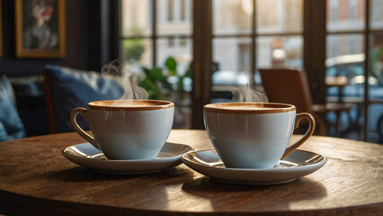 Two Steaming Cups of Coffee on a Wooden Table in a Cozy Café Setting with Blurred Background