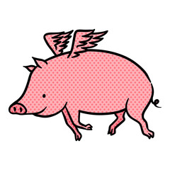 Hand drawn flying pig halftone color vector illustration