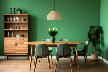 Scandinavian home interior design features a modern dining room with a wooden rustic dining table and chairs against a green wall.