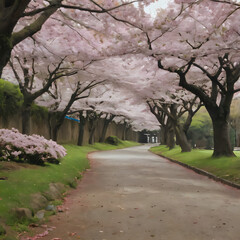 a path lined with pink flowers and trees