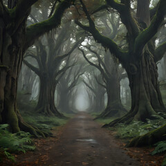 Obraz premium a path that is surrounded by trees in the fog