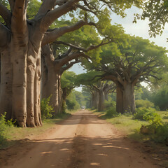 Fototapeta premium dirt road with trees and grass on both sides of it