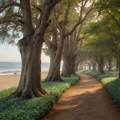 Fototapeta premium trees line a path along a beach with a sandy beach in the background