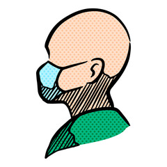 Human head figure wearing medical face mask halftone color vector illustration
