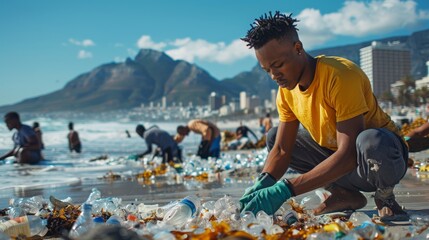 A young man cleaning up plastic waste on the beach.