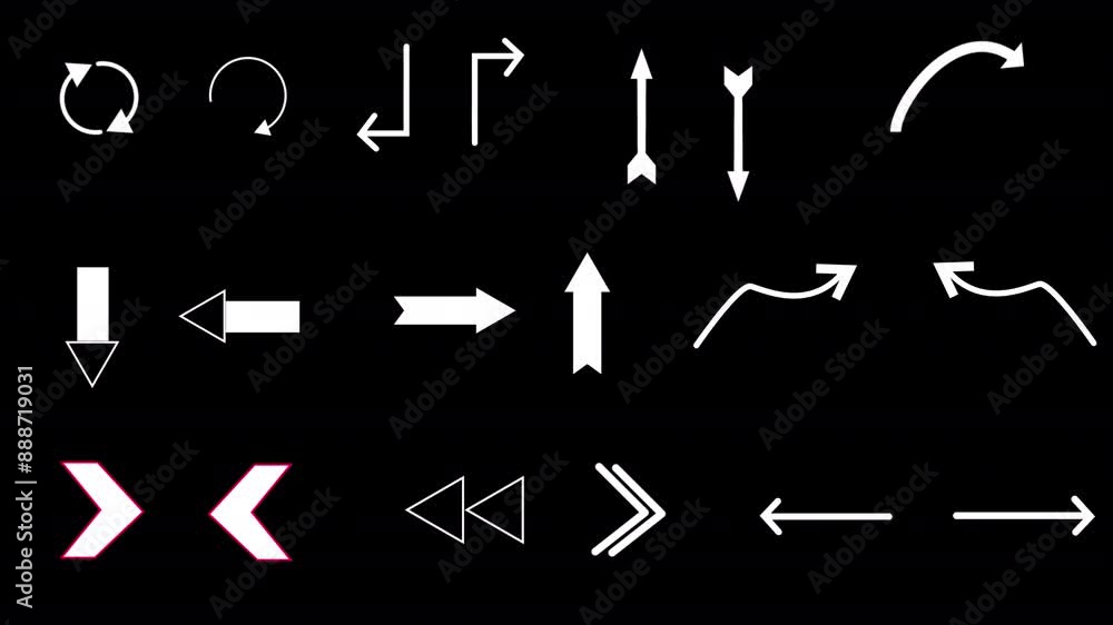Poster simple arrows pack animation, arrows animation on black screen, set of arrows templates animation.