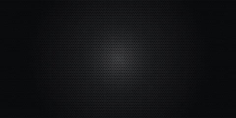 Dark grey abstract wide horizontal banner with hexagon carbon fiber grid and orange luminous lines. Technology vector background with orange neon lines