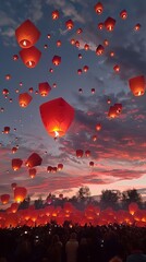 Obraz premium Glowing Sky Lanterns Floating At Sky At Night, Vesak, Buddhist Lent Concept