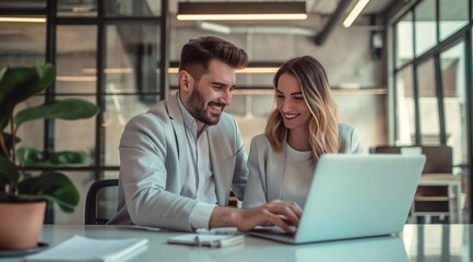 Obraz premium young business man and woman working together on laptop in the office, with copy space for text.