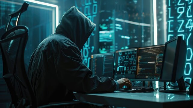 Mysterious Hooded Hacker in Darkened Room with Glowing Computer Screens