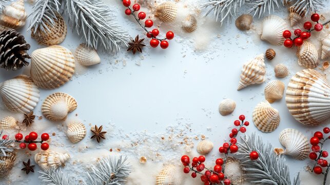 Snowy Christmas Beach Background with Seashells, Red Berries, and a Peaceful Winter Atmosphere