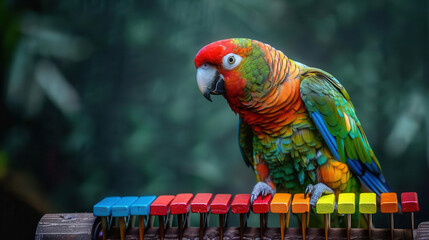 A photo of, a parrot talkative playing a xylophone, isolated on a dark olive drab background