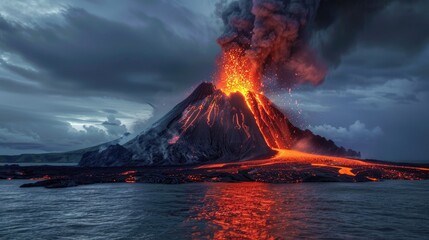 Fiery Magma Eruption Overlooking the Sea