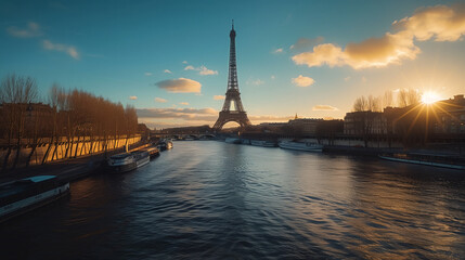 Fototapeta premium Eiffel Tower bathed in golden hour light, casting long shadows across the Seine River
