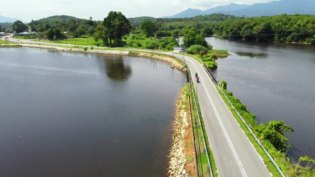 Aerial view of Tasik Raban . The lake south of Lenggong, Perak, Malaysia. A small town in northwestern Malaysia. Scenery view of Tasik Raban during evening.