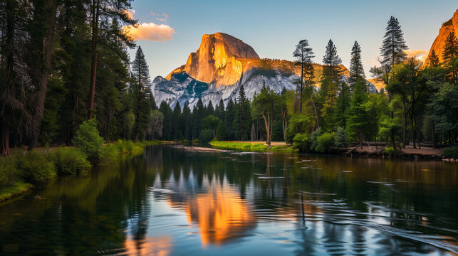 Half Dome in Yosemite National Park illuminated by the warm, golden light of sunset, reflected in the Merced River
