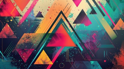 Colorful abstract geometric shapes and triangles with a retro vintage grunge texture background