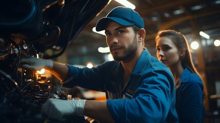 An auto mechanic worker wearing a blue uniform and hat repairs a car