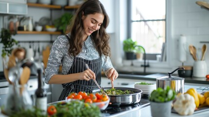 Happy woman in modern kitchen preparing delicious and nutritious meal