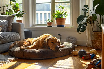 A golden retriever dog sleeping on a comfortable bed in a cozy living room, depicting relaxation and comfort in a home setting.