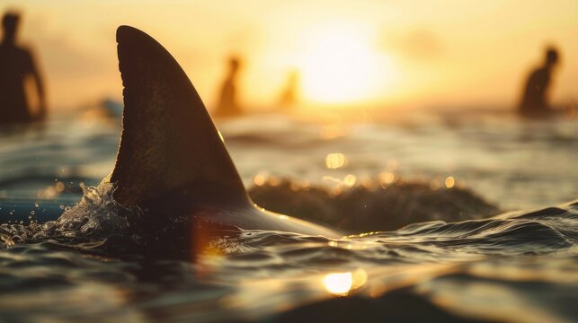 Close up of shark fin in the ocean with people at background.