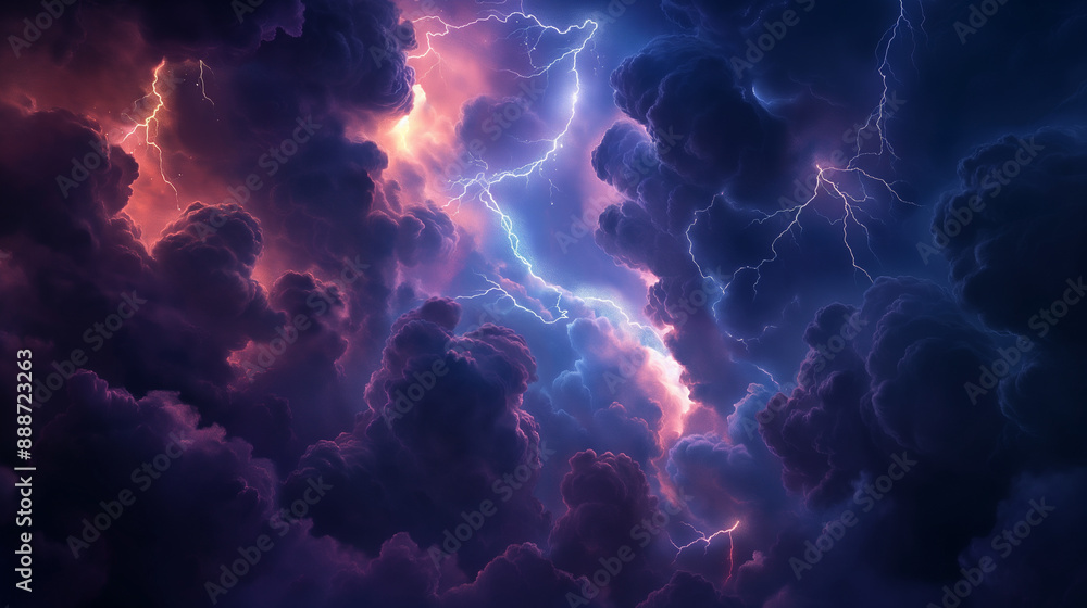Poster dramatic scene of red and dark clouds with intense lightning.