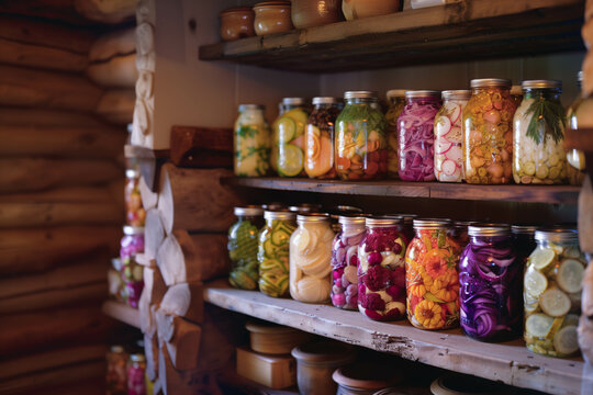 Rows of colorful pickled vegetables in glass jars on a wooden shelf in a cozy homestead pantry