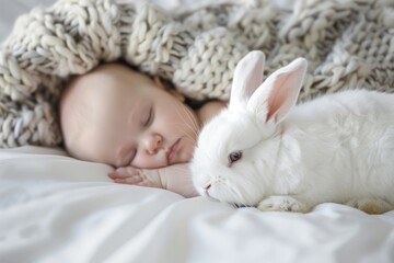 White bunny lying in bed next to toddler girl.