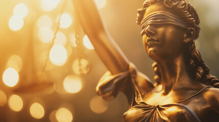 Statue of Lady Justice holding scales with a golden background.