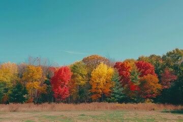 Fototapeta premium A scenic autumn landscape with trees showcasing vibrant fall colors of red, yellow, and green, under a clear blue sky