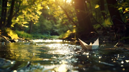 Floating Paper Boat in Stream: A small paper boat floating down a gentle stream in a forest, with sunlight filtering through the trees.
