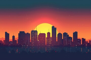 Fototapeta premium A digital illustration of a city skyline at sunset, displaying tall buildings against an orange and blue gradient sky, evoking a tranquil and vibrant atmosphere