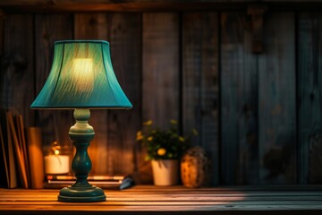 Night scene with wooden desk vintage lamp and green shade