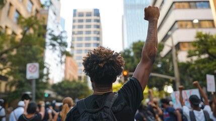 An African-American man with a raised fist protests during an anti-racist protest